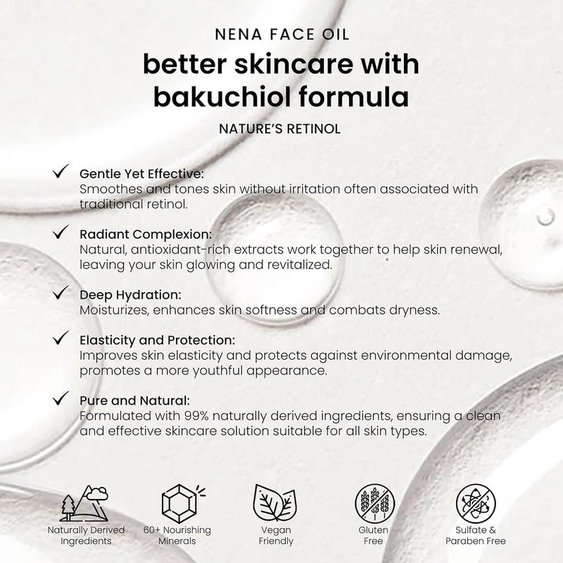 NENA Skincare Face Oil - Bakuchiol & Vitamin E for Collagen Boosting | Hydrates & Nourishes All Skin Types - 1 oz