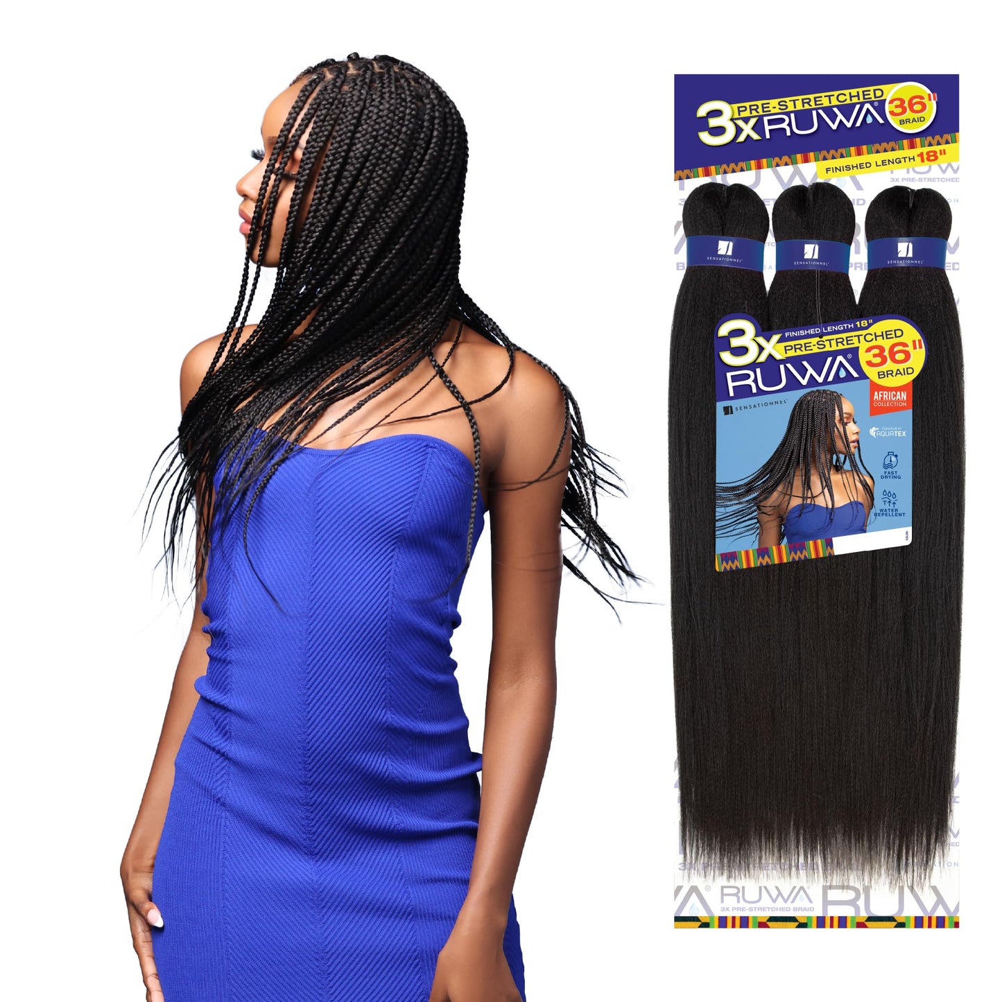 Sensationnel Ruwa prestretched braiding hair - 3x 36 inch water repellent kanekalon fast dry synthetic sports itch free (5 pack, 1B OFFBLACK)