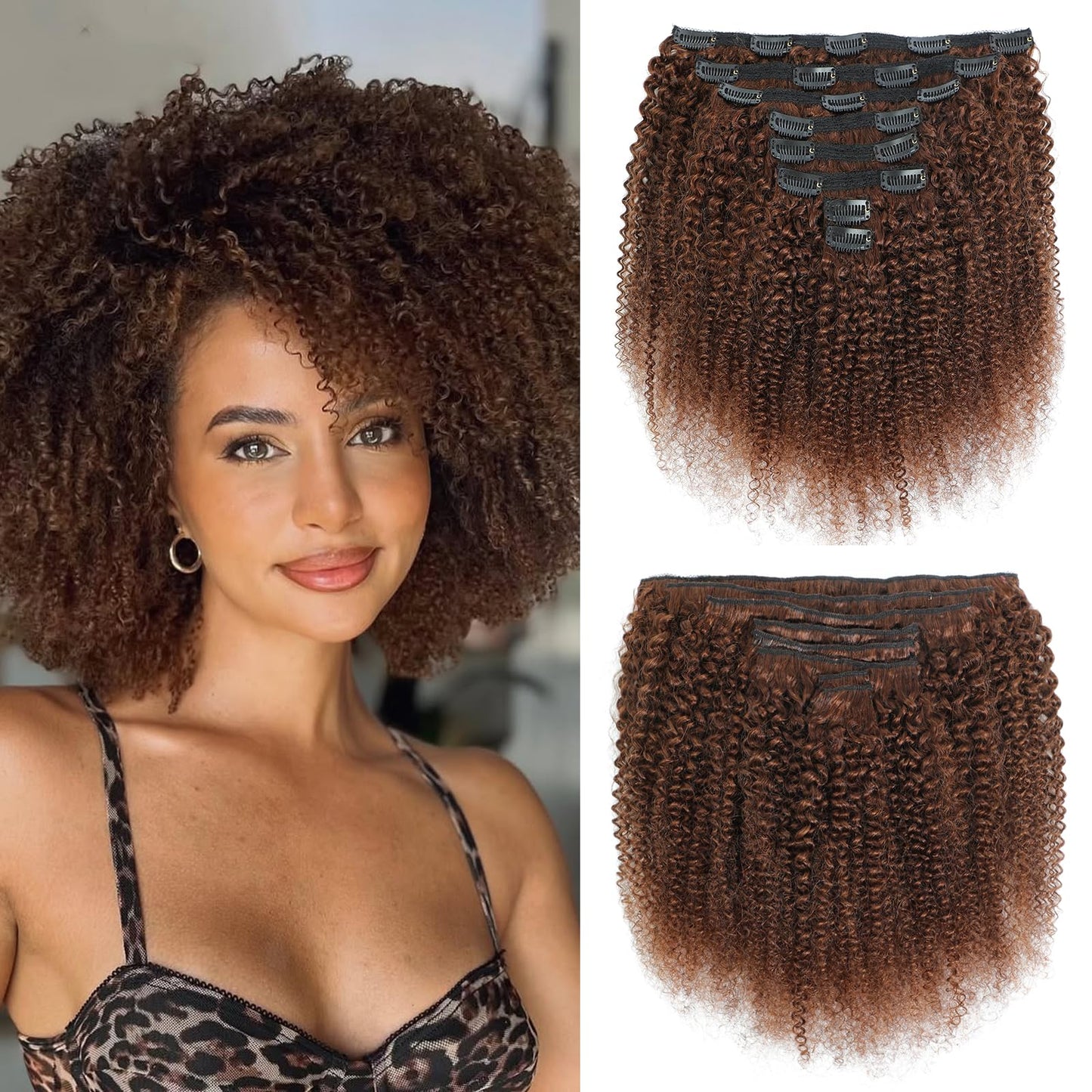 Afro Kinky Curly Clip Ins Human Hair 4C Hair Clip in Extensions Real Natural Human Hair for Black Women 8 pecs with 20 Clips 120g Dark Brown Color 12 Inch