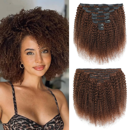 Afro Kinky Curly Clip Ins Human Hair 4C Hair Clip in Extensions Real Natural Human Hair for Black Women 8 pecs with 20 Clips 120g Dark Brown Color 12 Inch