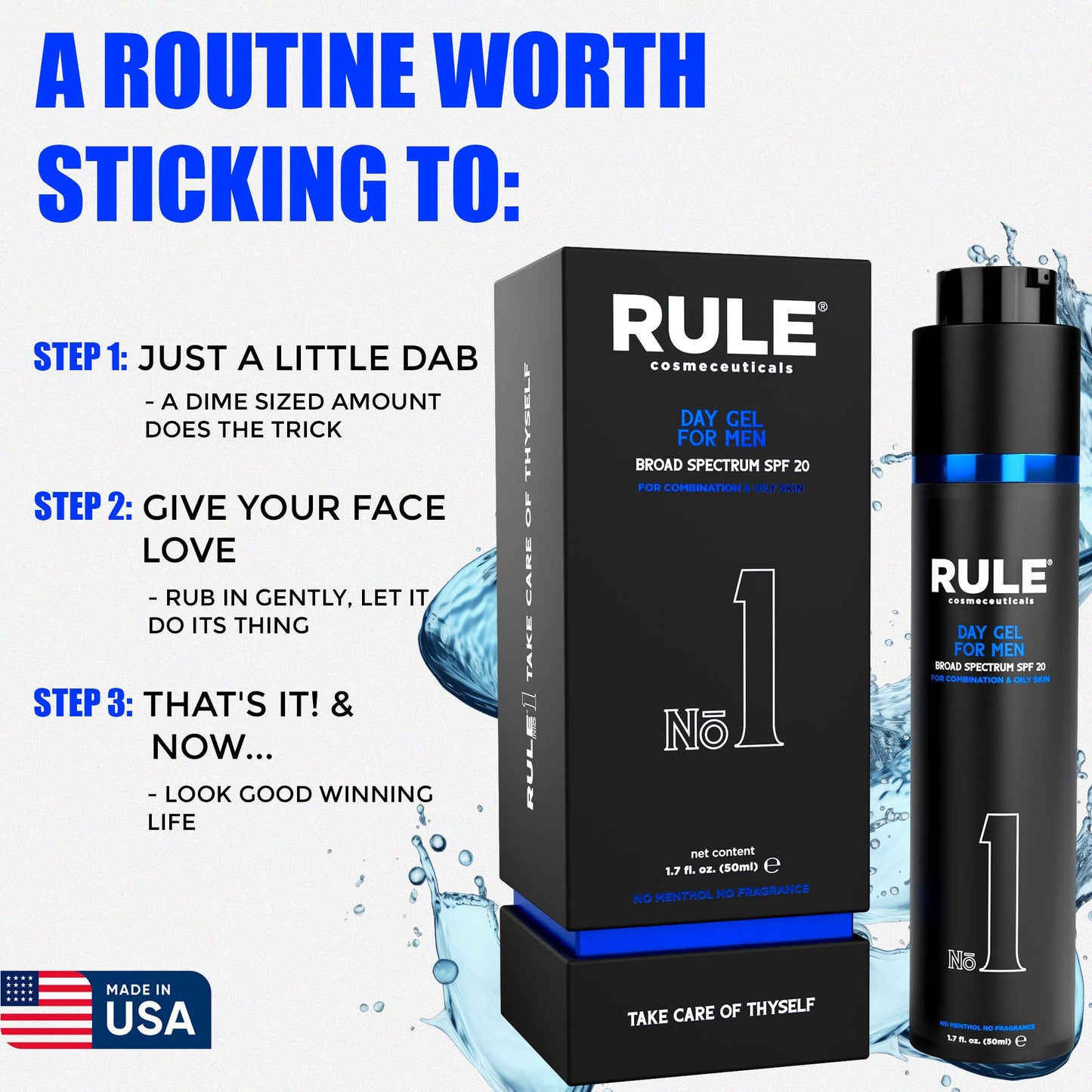 RULE COSMECEUTICALS No.1 Day Gel for Men, 10-in-1 Anti-Aging Face Moisturizer to Reduce Wrinkles, SPF 20, Collagen, Vitamins B, C & E - Combination & Oily Skin - No Menthol, No Fragrance, 50 mL