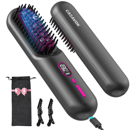 Cordless Hair Straightener Brush for Travel,Mini Hair Straightener Comb with Negative Ion,Portable hot Brush Hair Straightener for Women, Rechargeable 9600mAh Battery, Anti-Scald,12 Temp-Setting