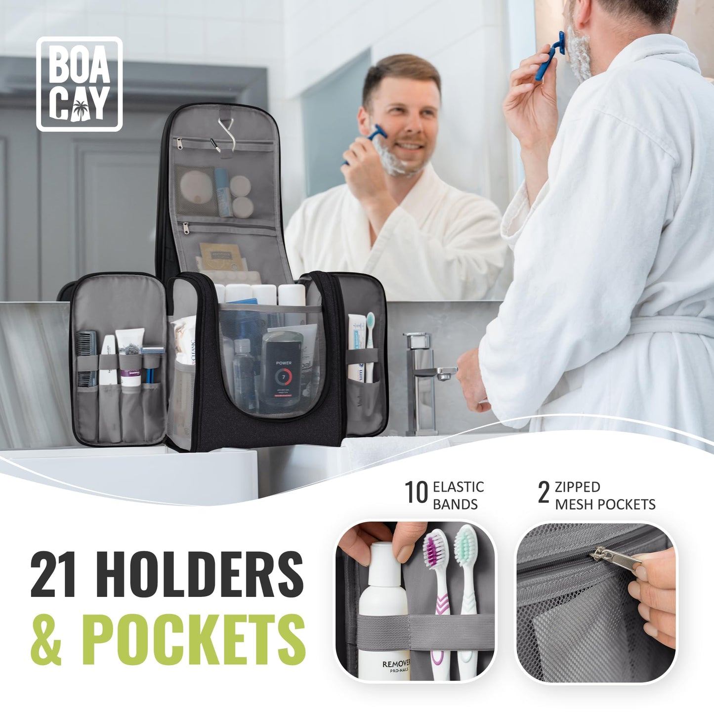 BOACAY Extra Large Hanging Travel Toiletry Bag for Women and Men, Makeup Bag, Bathroom & Shower Organizer Kit for Accessories, Cosmetics, Essentials