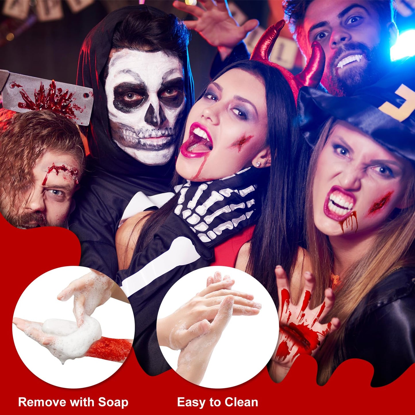 7 PCS Halloween Fake Blood Makeup Kit 3 Size Vampire Teeth Fangs Fresh Red Fake Blood Spray Realistic Coagulated Blood for Party Monster Zombie Cosplay