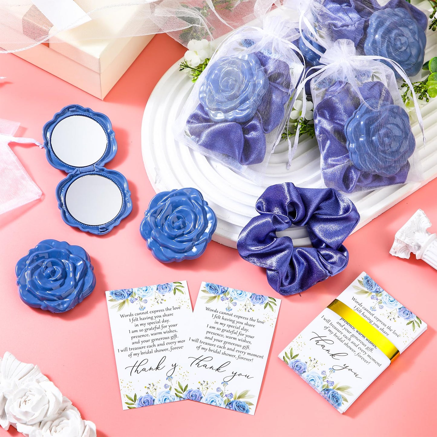 XunYee 30 Sets Rose Compact Mirror Bulk Bridal Shower Favors for Guests Mother's Day Souvenir Gifts Hair Ties Elastic Scrunchies, Thank You Card and Organza Bags for Wedding Quinceanera(Dusty Blue)