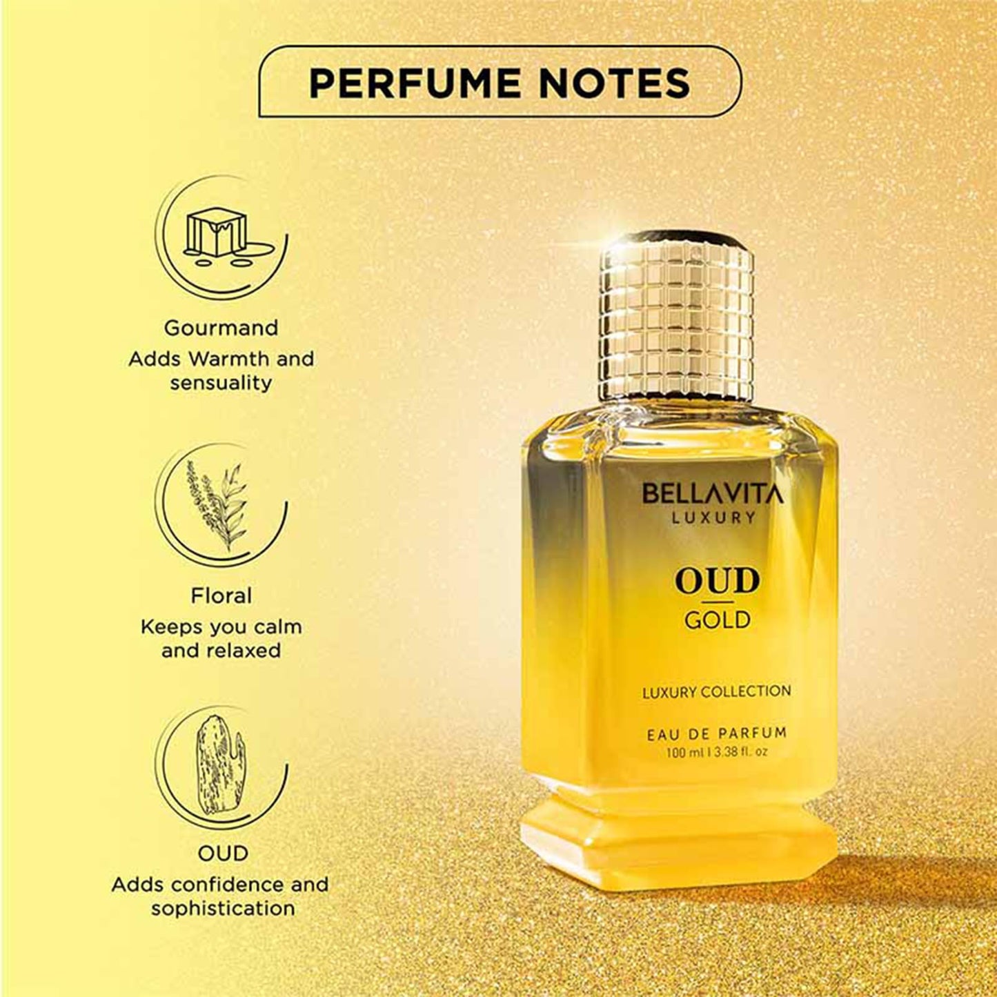 Bellavita Luxury Oud Gold Eau de Parfum | 100 ml (3.4 fl.oz.) | Perfume for Men and Women | Fruity, Caramel, Rose, and Ambery Oud Notes | Long Lasting Unisex Fragrance