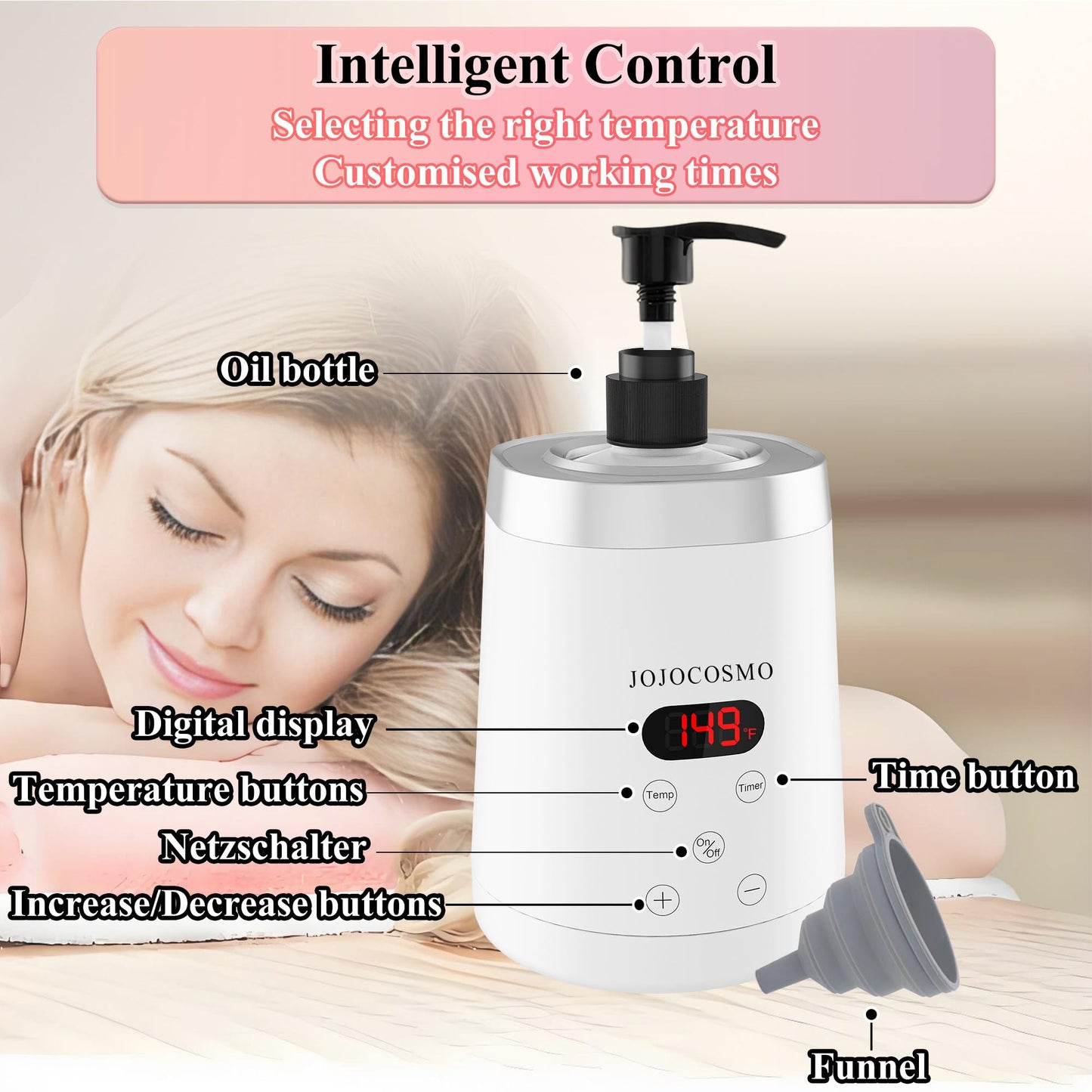 JOJOCOSMO Massage Oil Warmer, Massage Oil Heater with Two Oil Bottle dispensers, Body Liquid Warmer from 86℉ to 149℉, Lotion Bottle Warmer Shampoo Heater for Salon (White)