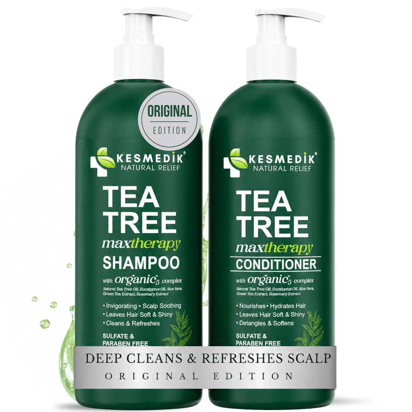 KESMEDIK Tea Tree Shampoo and Conditioner Set MaxTherapy with 100% Tea Tree Oil for Hair, Helps Refresh Itchy Scalp, Deep Clean Oily Hair, Dandruff & Buildup, Sulfate-Free, Women & Men, 16 fl oz Each