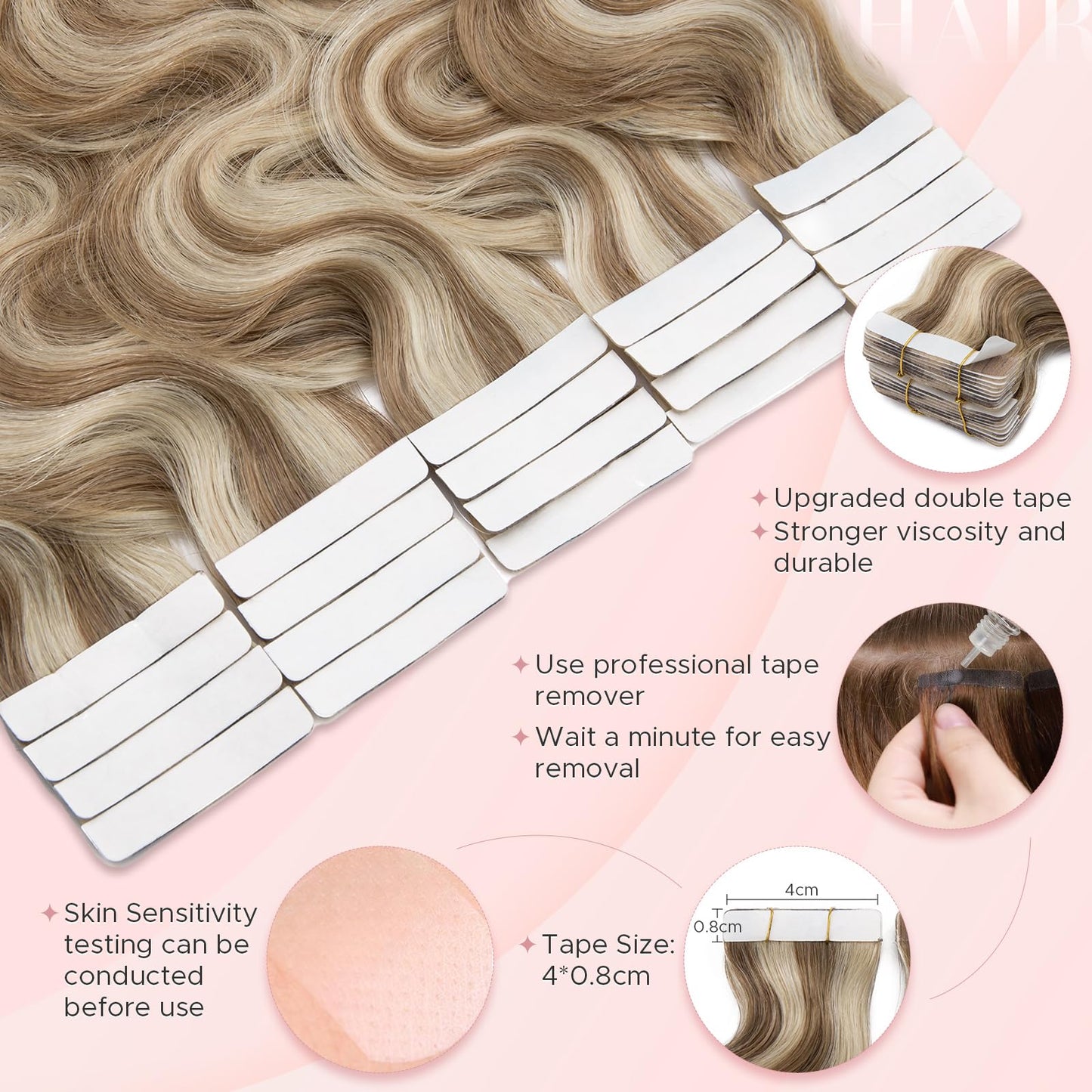 SEGOHAIR Wavy Tape In Hair Extensions Real Human Hair with Double-Sided Adhesive Professional Hair Extensions for Women 20pcs Body Wave 14 Inches #12P613 Golden Brown & Bleach Blonde