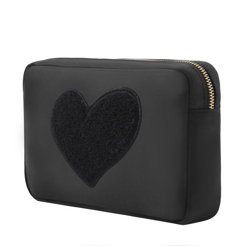 BLOC Bags Travel Makeup Bag, Cosmetic Bags for Women, Medium Cute Toiletry Bag, Make up Bag, Beauty Bag with Chenille Patch and Top Zipper, Inside Zipper Pouch and Mesh Pockets (Black Heart, Black)