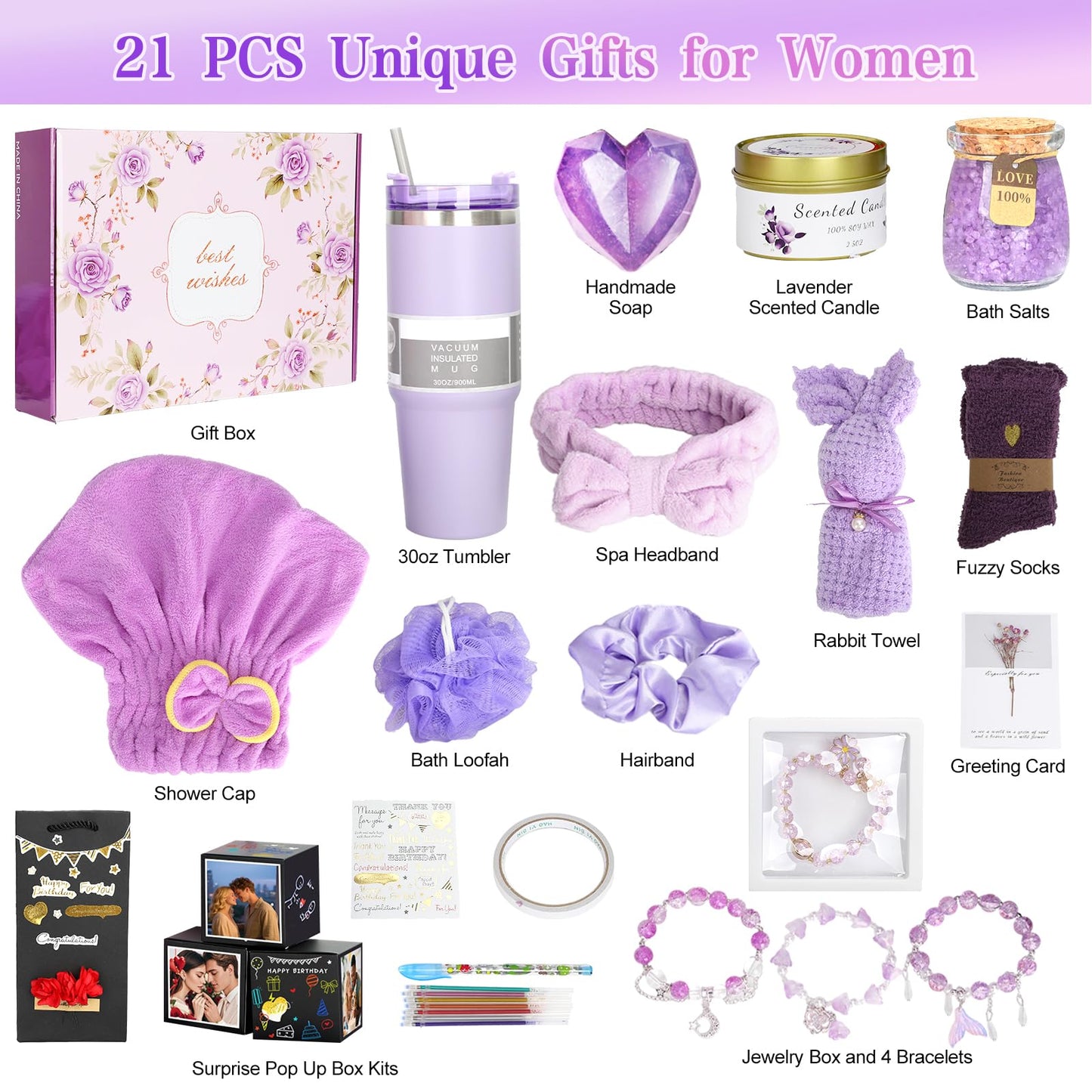 Birthday Mothers Day Gifts for Mom, 21PCS DIY Photo Pop Up Box Get Well Soon Gifts Baskets for Women, Spa Care Package After Surgery Feel Better Inspirational Birthday Gift for Women Wife Grandma