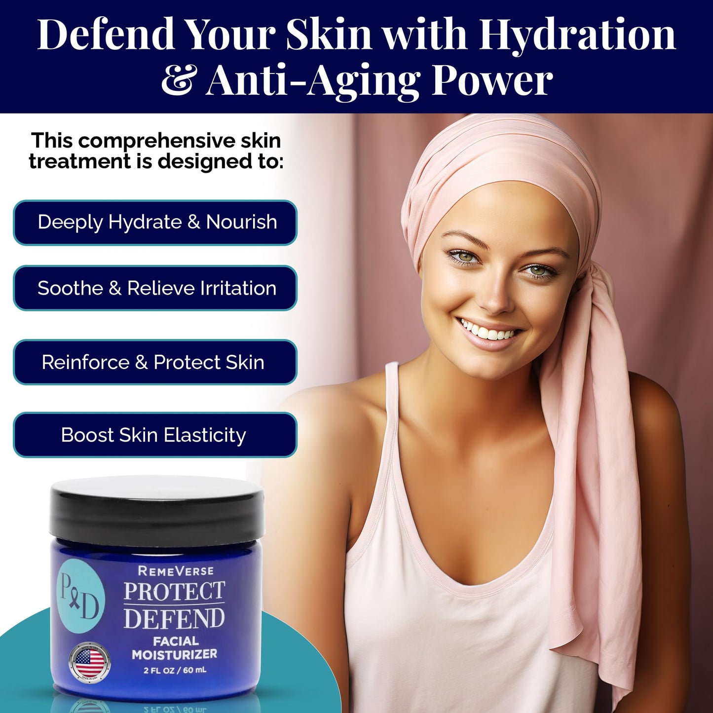 RemeVerse Protect & Defend Facial Moisturizer for Sensitive Skin During Chemoteraphy - Skin Hydration & Gentle Face Cream w/Hyaluronic Acid, Peptides, Glycerin, Collagen - Made in USA - 2 oz
