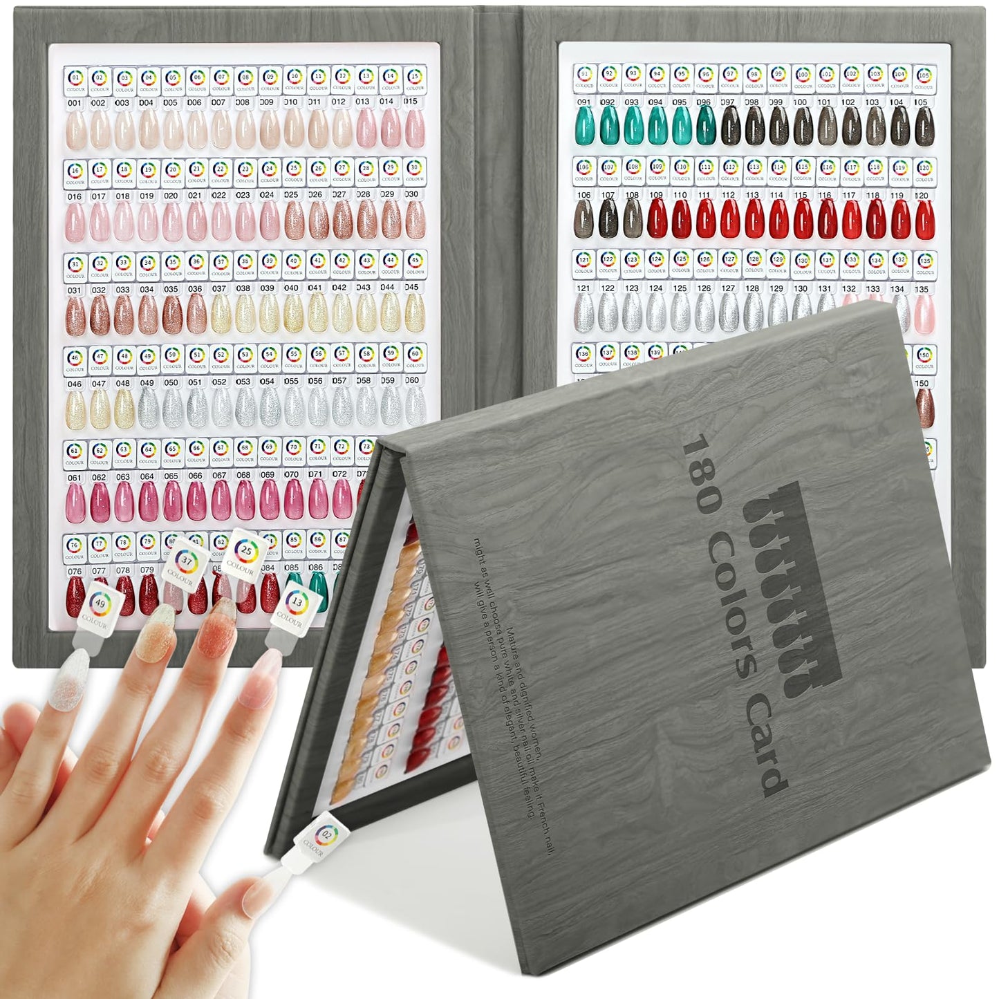 C12rtive 180 Magnetic Nail Swatch Book,Leather Magnetic Color Display Book with 192 Magnetic Tips & 1-180 Number Labels,Perfect for Nail Polish Nails Art Design(Grey)