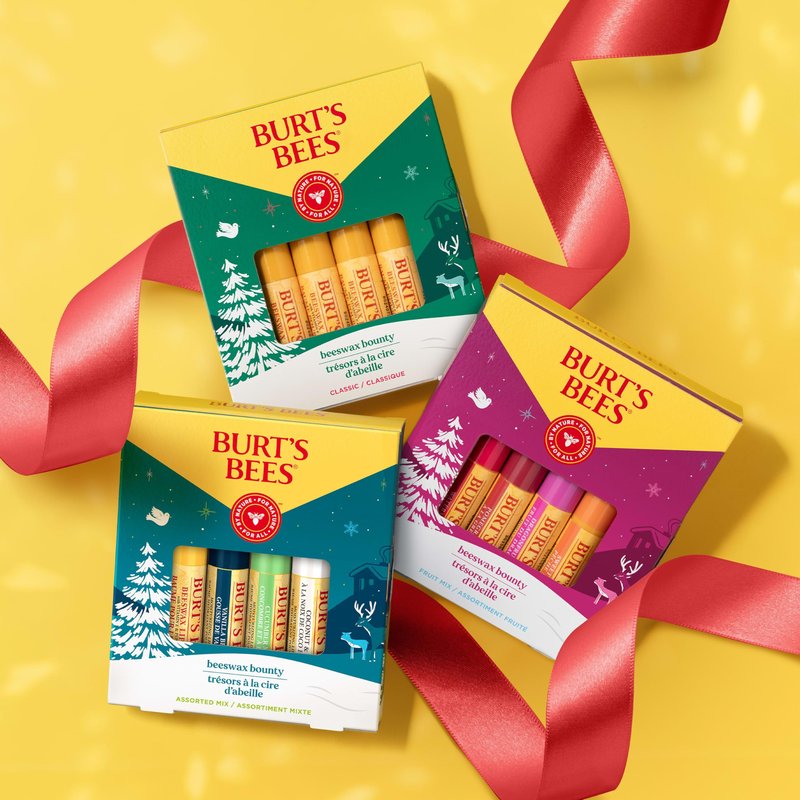 Burt's Bees Christmas Gifts, 4 Lip Balms Stocking Stuffers Products, Beeswax Bounty Fruit Mix - Watermelon, Pomegranate, Dragonfruit Lemon & Sweet Peach (Pack of 4)