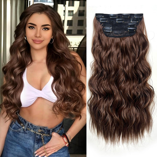DOULKIKE Clip In Hair Extensions 22 Inch Wavy 4PCs Heat Resistant Synthetic Set (200g Thick) for Daily Use, Undetectable Volume Tangle Free #9 Color