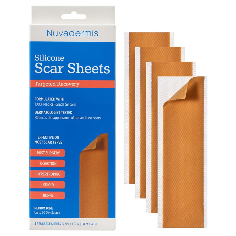 NUVADERMIS Silicone Scar Sheets – Extra Long Medical-Grade Scar Sheets for C-Section, Tummy Tuck, Keloid, and Surgical Scars – Reusable and Effective – Pack of 4 – Medium Tone