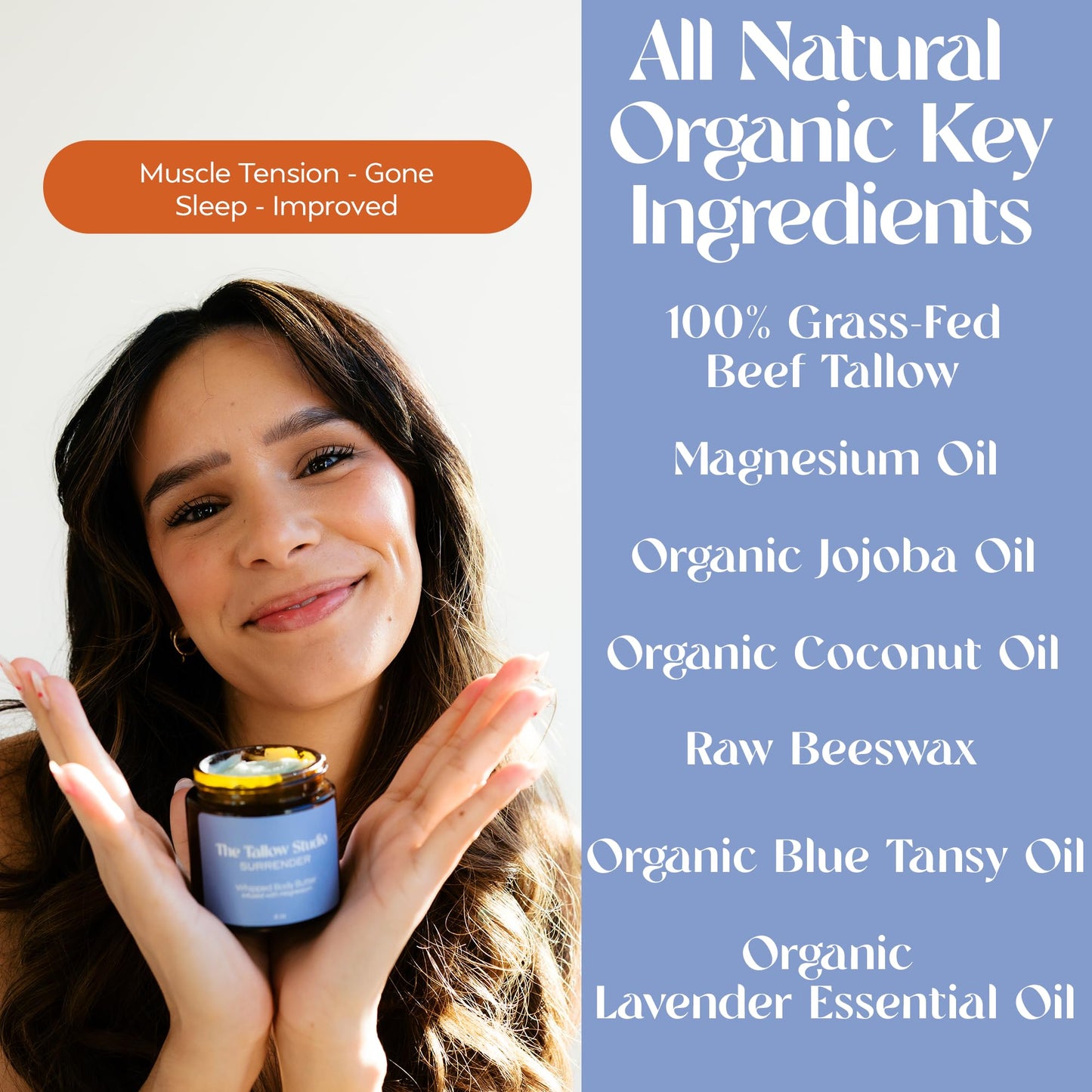 Deep Sleep Magnesium Tallow Balm (Lavender & Blue Tansy) - 350mg Magnesium - 100% Grass-Fed & Organic - for Sore Muscles, Relaxation, Eczema, Kids, Dry Skin - 4oz