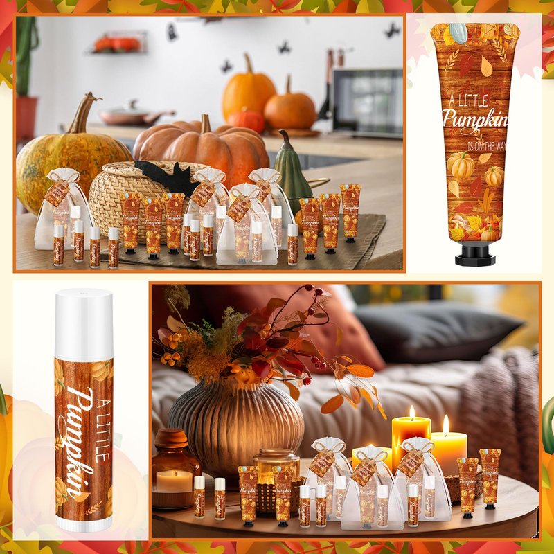 Swiffen 48 Sets 192 Pcs Thanksgiving Pumpkin Hand Cream and Lip Balm Fall Party Favors Gifts for Guests Pumpkin Bridal Baby Shower Wedding Party Favor with Thank You Card Organza Bags Travel Size