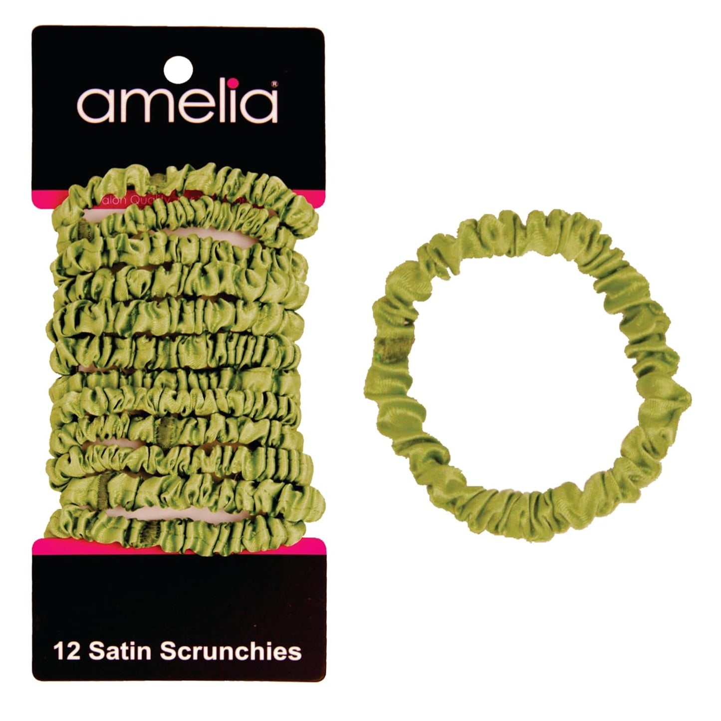 Amelia Beauty, Black, Skinny Satin Scrunchies, 12 Pack – 2in Diameter, Gentle & Strong Hold, No-Snag, No-Dent, Crease-Free Hair Ties