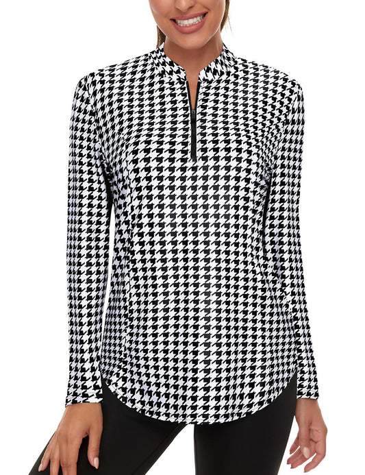 Misyula Quarter Zip Long Sleeve Athletic Shirts for Women Moisture Wicking Golf Tennis Yoga Hiking Running Workout Tops Black-Houndstooth L