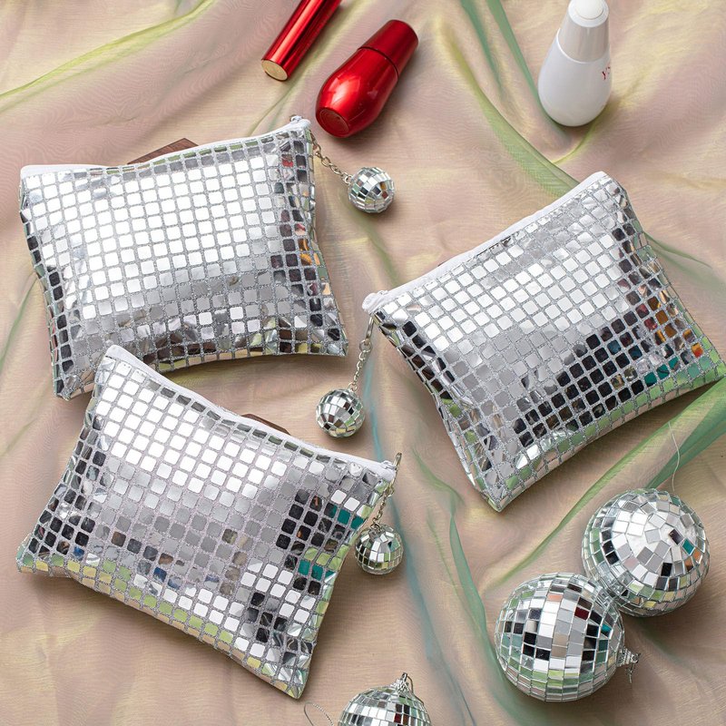 Locmeo 20 Pack Disco Party Favor Bags Sparkly Disco Ball Makeup Bachelorette Sequin Bag Portable Glitter Cosmetic Purse with Keychain for Bachelorette Wedding Birthday Retro Party Decoration (Silver)