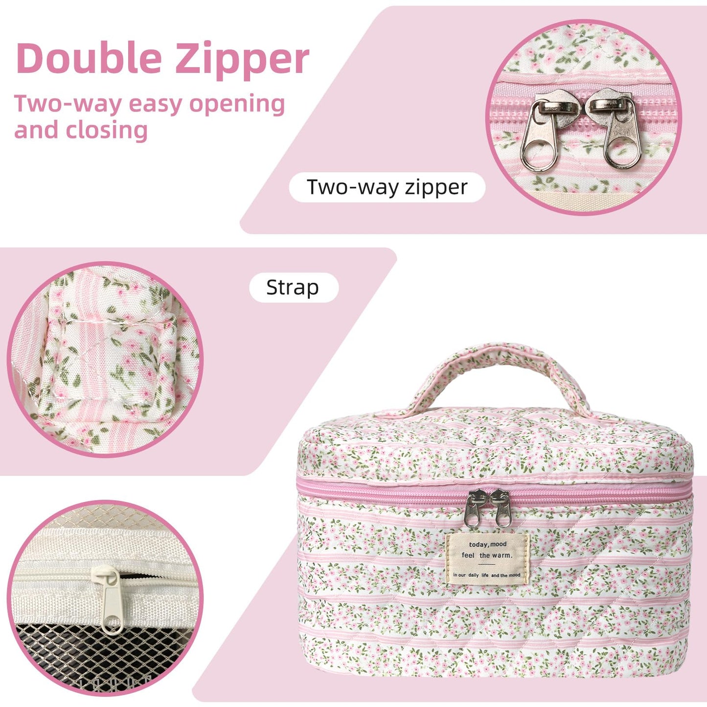Gosect Makeup Bag Set, Portable Travel Make up Bag, Large Capacity Quilted Cosmetic Organizer Bag, Cute Floral Toiletry Bag for Women Girls (Pink Flower)