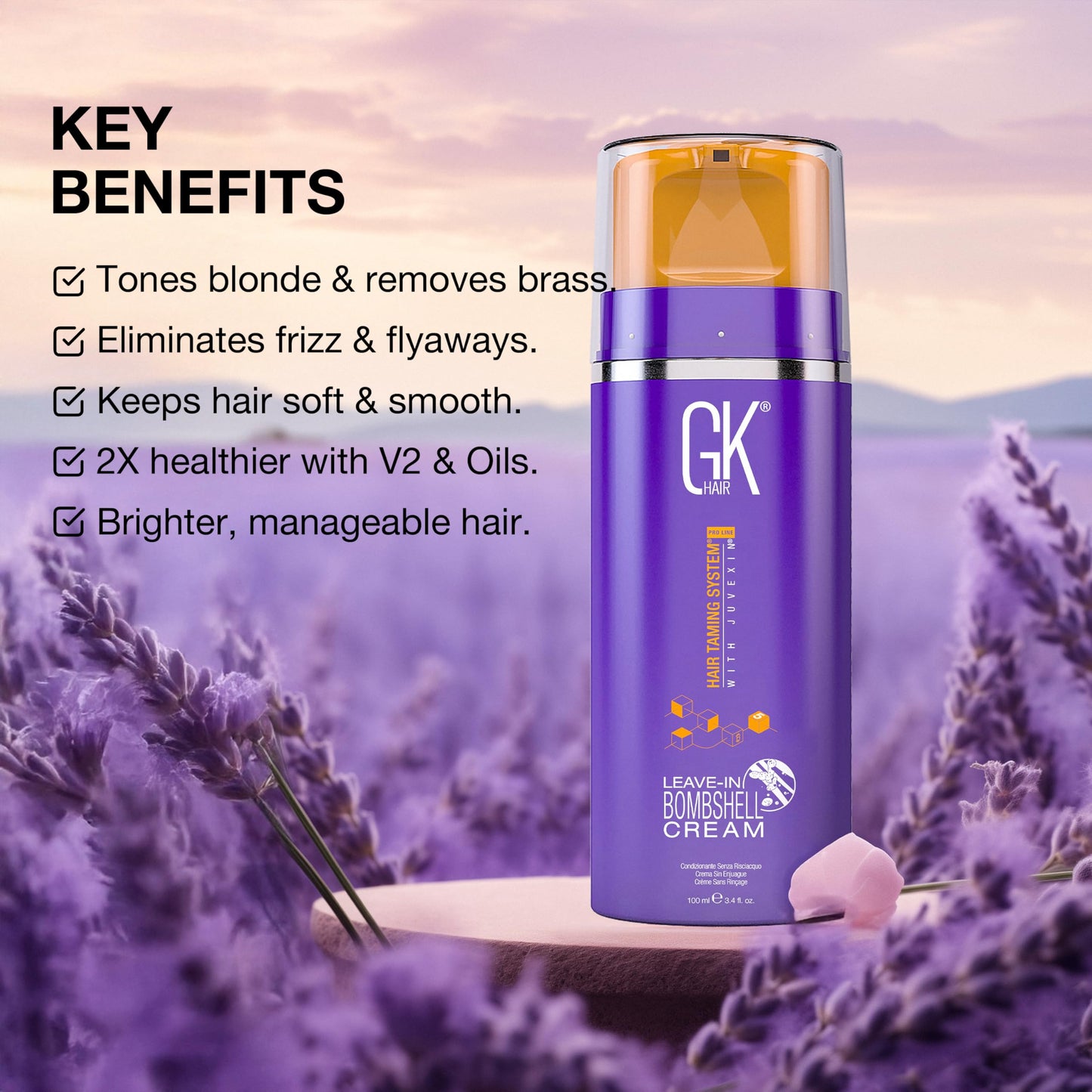 GK HAIR Leave In Bombshell Purple Cream – Purple Leave In Conditioner, Hair Toner for Brassy Hair, Hydrating, Frizz Control for Blonde & Damaged Hair 3.4 Oz