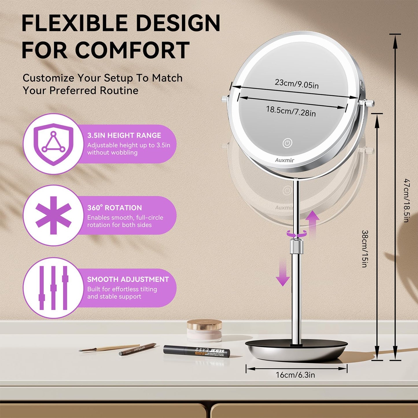 Auxmir 9" Large Lighted Makeup Mirror with Magnification, 1X/30X Double Sided Magnifying Mirror with Adjustable Height, Rechargeable Vanity Mirror with 3 Color Dimmable Lights, 360° Rotation