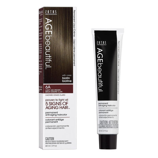 AGE beautiful Permanent Hair Dye 6A Light Ash Brown - Ash Brown Hair Color Cream with 100% Gray Coverage, Anti-Aging Biotin Formula for Thicker, Fuller Hair, Professional Salon Quality