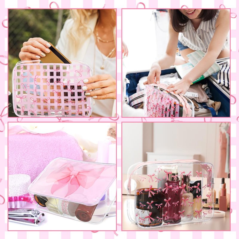Sunnymove 12 Pcs Pink Bow Makeup Bags Bulk for Women Clear PVC Coquette Cosmetic Bag with Zipper Travel Toiletry Pouch Pink Bow Gifts for Birthday Coquette Party Favor Storage Accessories