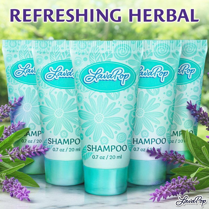 LavaPop - Travel Size Hotel Shampoo - Iris, Violet & Amber, 0.7 fl oz, 100 Pack - Delight Your Guests with Calming & Comforting Shampoo - Bulk Small Toiletries for Airbnb, Motels & Guest Rooms