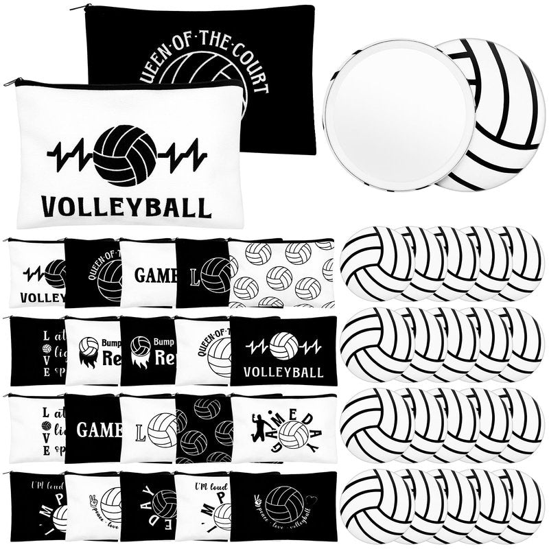 40Pcs Volleyball Party Favors Gifts for Team Include Cosmetic Bags Compact Mirror Ball Gifts for Sport Themed Party Supplies Accessories Women Player Sport Lovers Volleyball Lover Coach