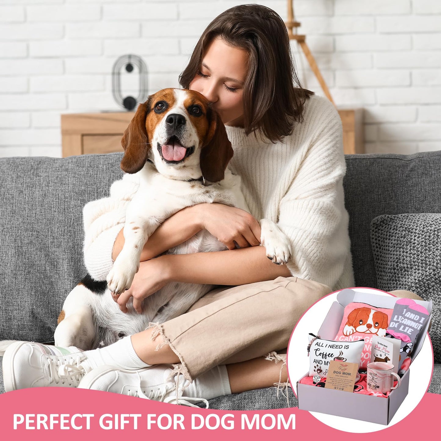 HunnmingRe 9 Pcs Dog Lover Mom Gifts for Women Novelty Fleece Blanket Blanket Socks Mug Cosmetic Bag Keychain Bracelet Cards Mother's Day Idea Gifts Box Set for Mom Birthday Basket Valentine's Day