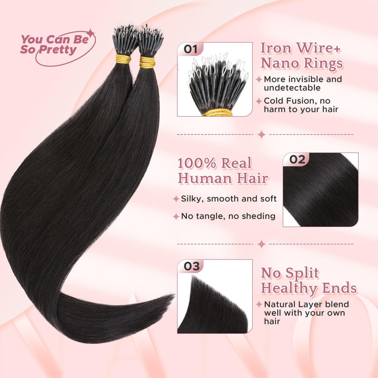SEGO Nano Tip Hair Extensions Human Hair, Nano Beads Balayage Seamless Highlight Pre-bonded Extensions for Women, 0.7g/strand, 50 strands 35g/pack -18 Inch#01 Jet Black