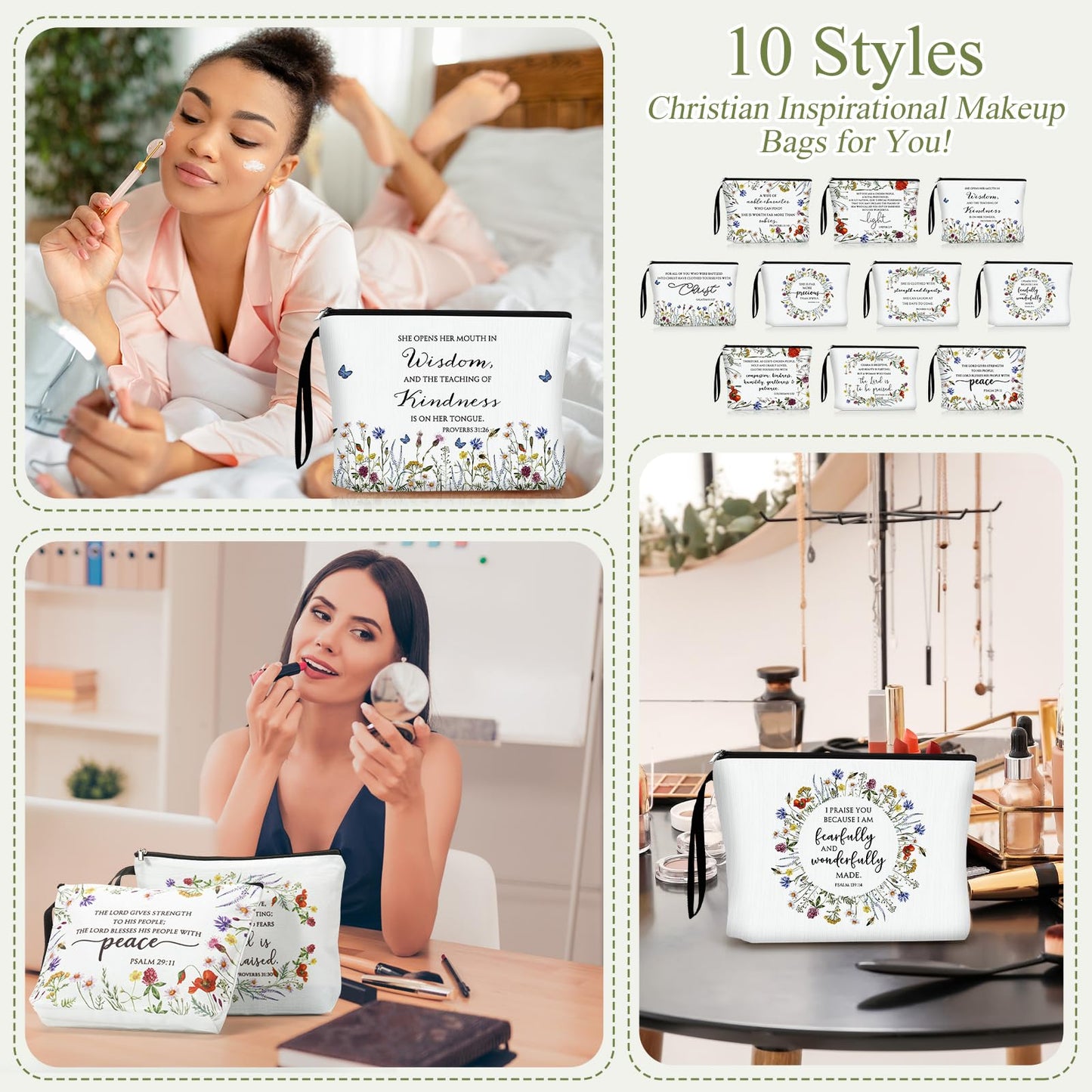 Talltalk 20 Pcs Christian Makeup Bags 10 Styles Bible Cosmetic Bags Bulk Bible Cover Floral Makeup Bag with Handle Inspirational Christian Religious Gifts for Women Godmother Church VBS Gifts