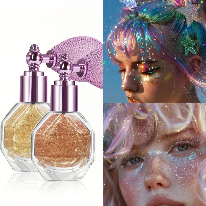 Melemando 5 Colors Shimmering Highlighter Powder Spray, Fine Sparkle Glitter Highlighter Makeup Powder High Gloss Spray for Face Body & Hair(04 Diamond Champagne)