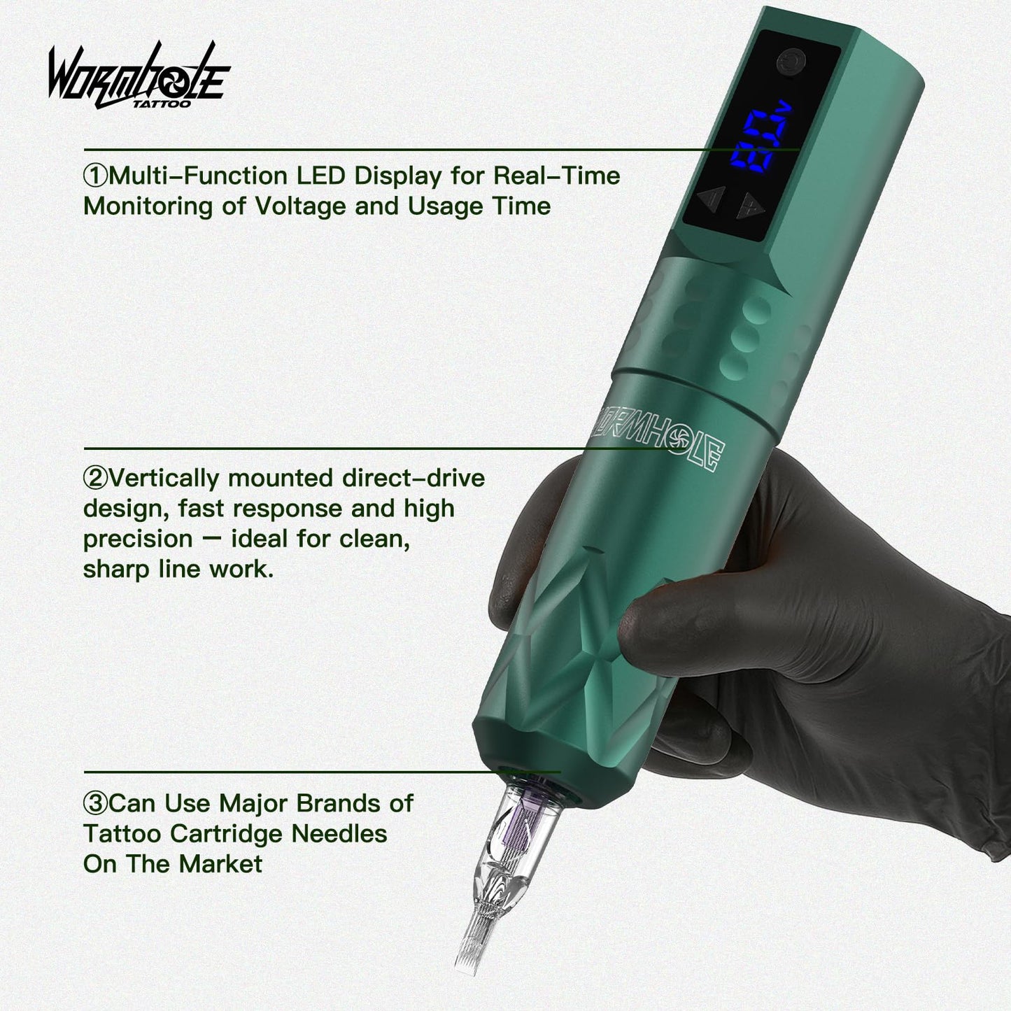 Wormhole Tattoo Gun Wireless Tattoo Kit, Aluminum Alloy Tattoo Machine with LED Display, 1200mAh Battery Dot Work & Jumpstart Mode – Professional Tattoo Gun Kit for Artists with Ink, Needles