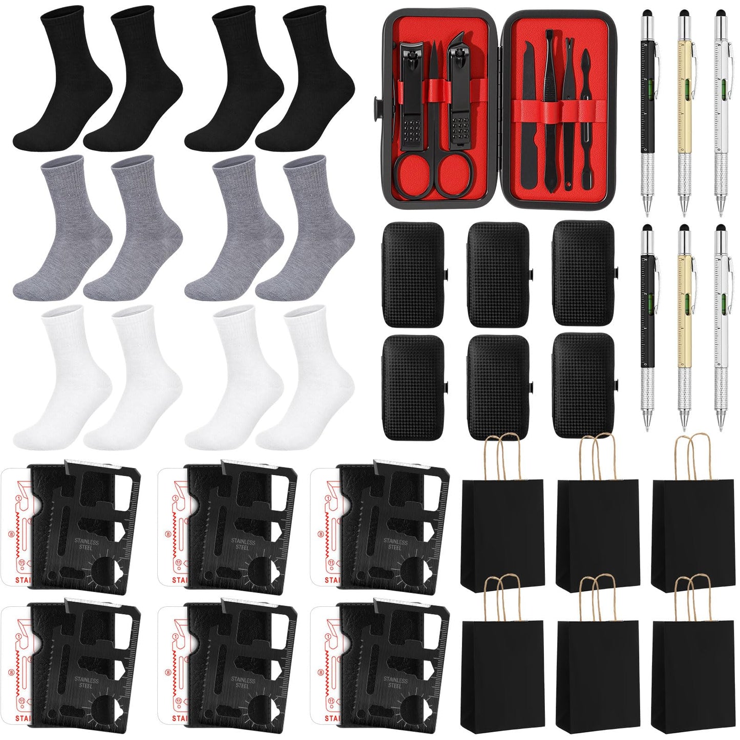 Leriton 6 Sets Baby Shower Game Prizes for Men Include Black Kraft Paper Gift Bags Manicure Kit Tools Socks Pens 11-in-1 Survival Card Tool for Men Husband Father(Black,White,Gray)