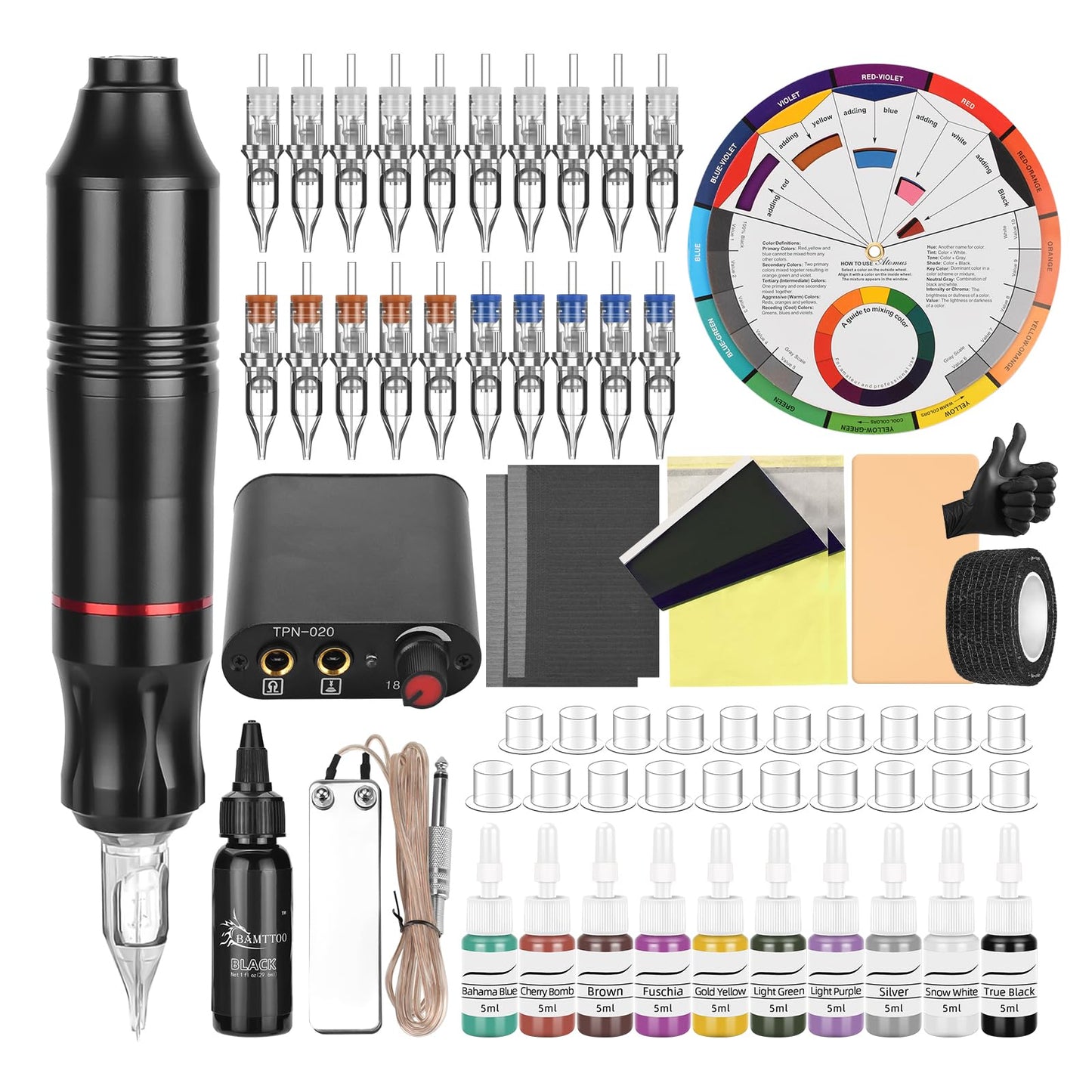 BAMTTOO Tattoo Pen Kit Tattoo Cartridge Needles Tattoo Machine for Beginners Rotary Tattoo Pen Kits Complete Tattoo Sets (BLACK)