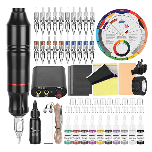BAMTTOO Tattoo Pen Kit Tattoo Cartridge Needles Tattoo Machine for Beginners Rotary Tattoo Pen Kits Complete Tattoo Sets (BLACK)