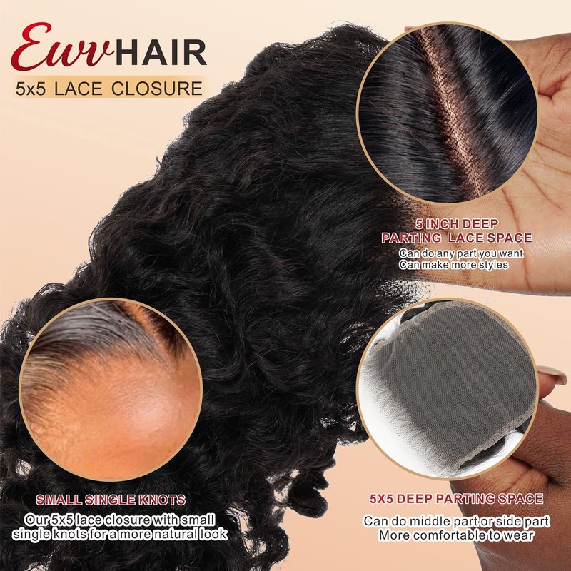 Human Hair Deep Wave Closure 12 Inch Invisible Ultra-thin 5x5 HD Lace Closure Deep Curly Brazilian Raw Virgin Human Hair Closure for Women Natural Black