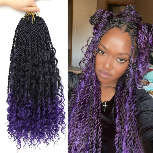 Senegalese Twist Crochet Hair with Curly Ends - 16 Inch Boho Island Twist Crochet Hair 8 Packs Goddess Boho Box Braids Crochet Hair Pre Looped Crochet Hair(16(8Packs), 1B/Purple)