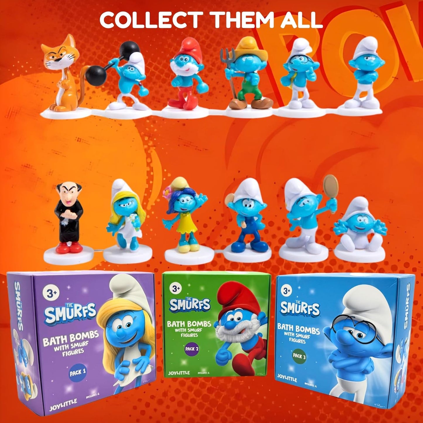 Smurfs Bath Bombs with Action Figures - Brainy, Handy, Blossom & Azrael | Fun Gift Set (Pack of 3)