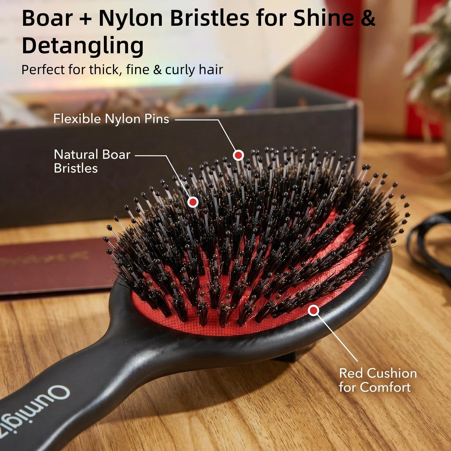 OUMIGIZ Boar Bristle Hair Brush Since 1965 British Craftsmanship, Handmade Natural Wood Slick Back Hairbrush, Gentle Detangling Smoothing Women Men Kids Curly Thick, Fine Hair