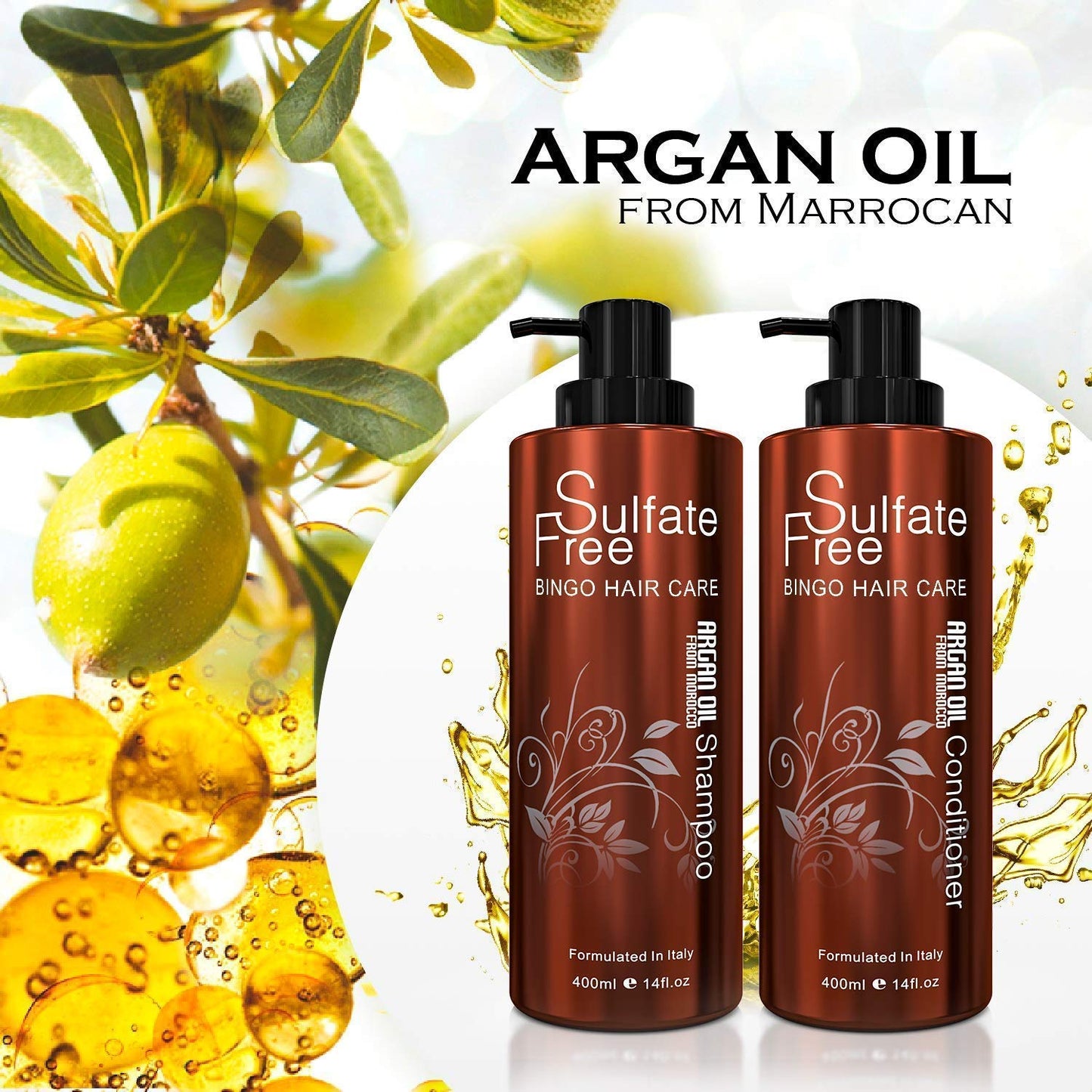 BINGO HAIR CARE Moroccan Argan Oil Shampoo and Conditioner Set, 100% Natural and Organic ,Revitalizing, Moisturizing, Anti-Frizz, Sulfate and Paraben Free, 42 Fl Oz
