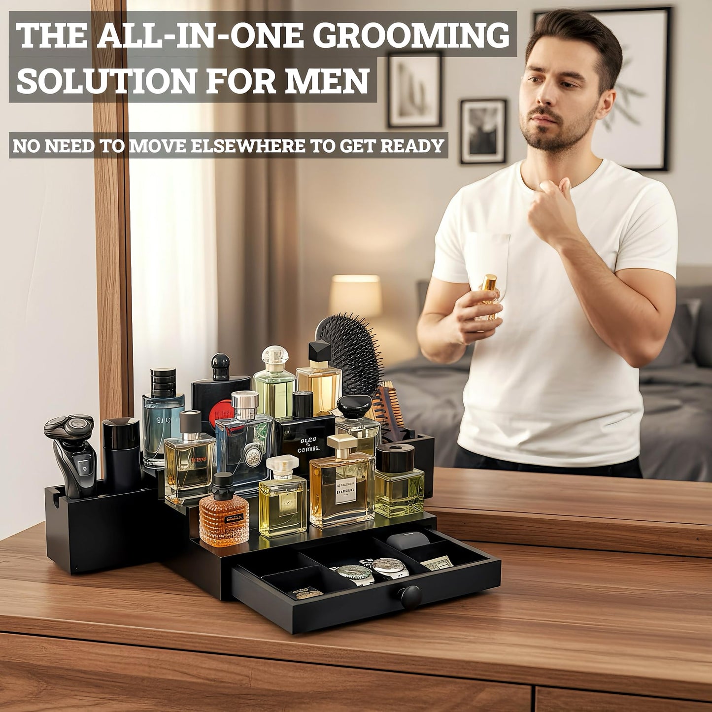 SeLuM Wooden Cologne Organizer for Men 3 Tier | Black Perfume Holder Shelf for Dresser | High Grade Velvet Lining and Stylish Gift Box | Uncluttered Design Perfume Display Stand