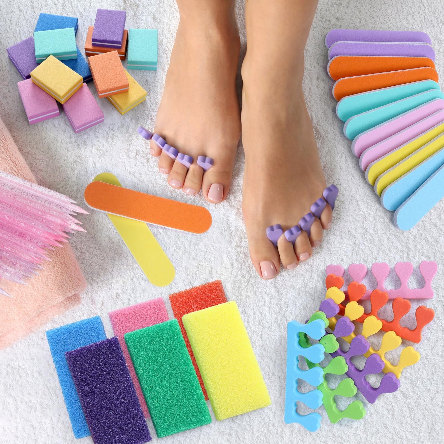 Lanties 60 Sets Disposable Pedicure Kit Individually Package 5 in 1 Pedicure Tools Pumice Stone for Feet 80/100 Grit Nail File Mini Buffer Block Toe Separator Cuticle Pusher Clear Bag for Salon Home