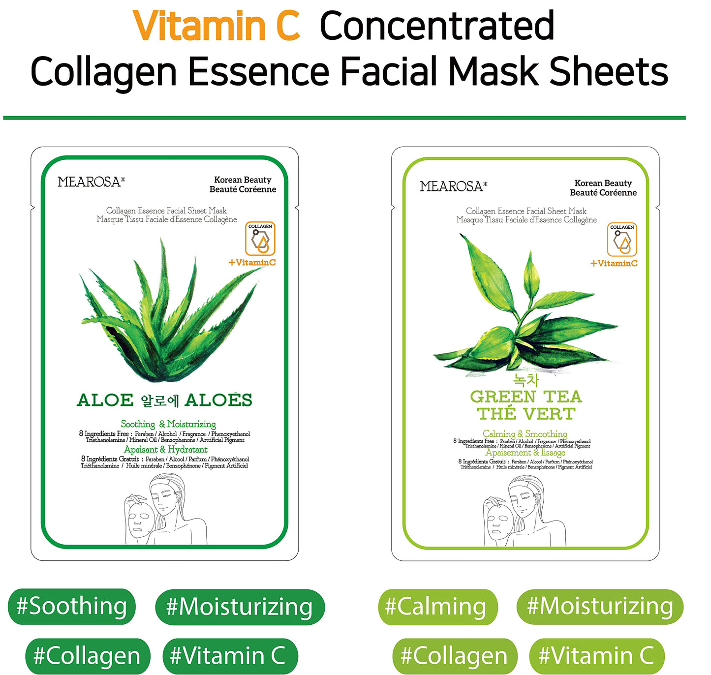 MEAROSA DESIGN Vitamin C Collagen Firming Essence Face Mask Beauty Facial Mask Sheet Mask Korea Skin Care Premium Quality (8 pack)