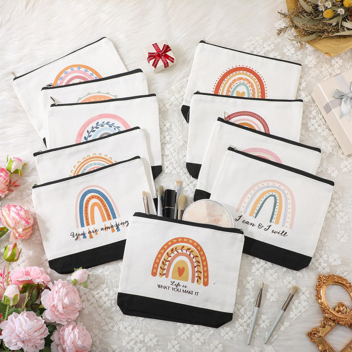 Sieral 30 Pcs Graduation Gifts Bulk CNA week Gifts Rainbow Canvas Makeup Bags for Women Appreciation Inspirational Cosmetic Bags Thank You Gift for Employee Coworker Office Must Have(Motivational)