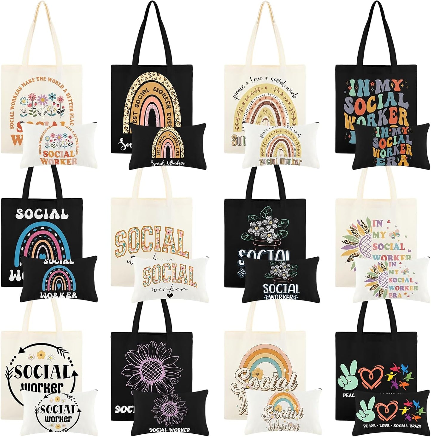 Social Worker Gifts - 24 Pcs Canvas Tote & Zip Makeup Bags | Appreciation Gifts for BSW, MSW, DSW, LCSW